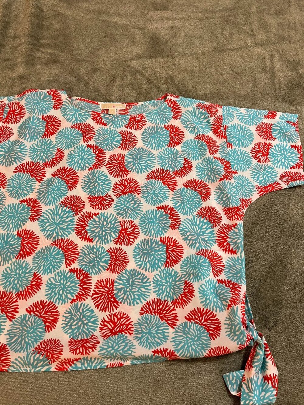 Michael Kors Coral Blue Print Blouse Tie Side Detail Size Small runs large